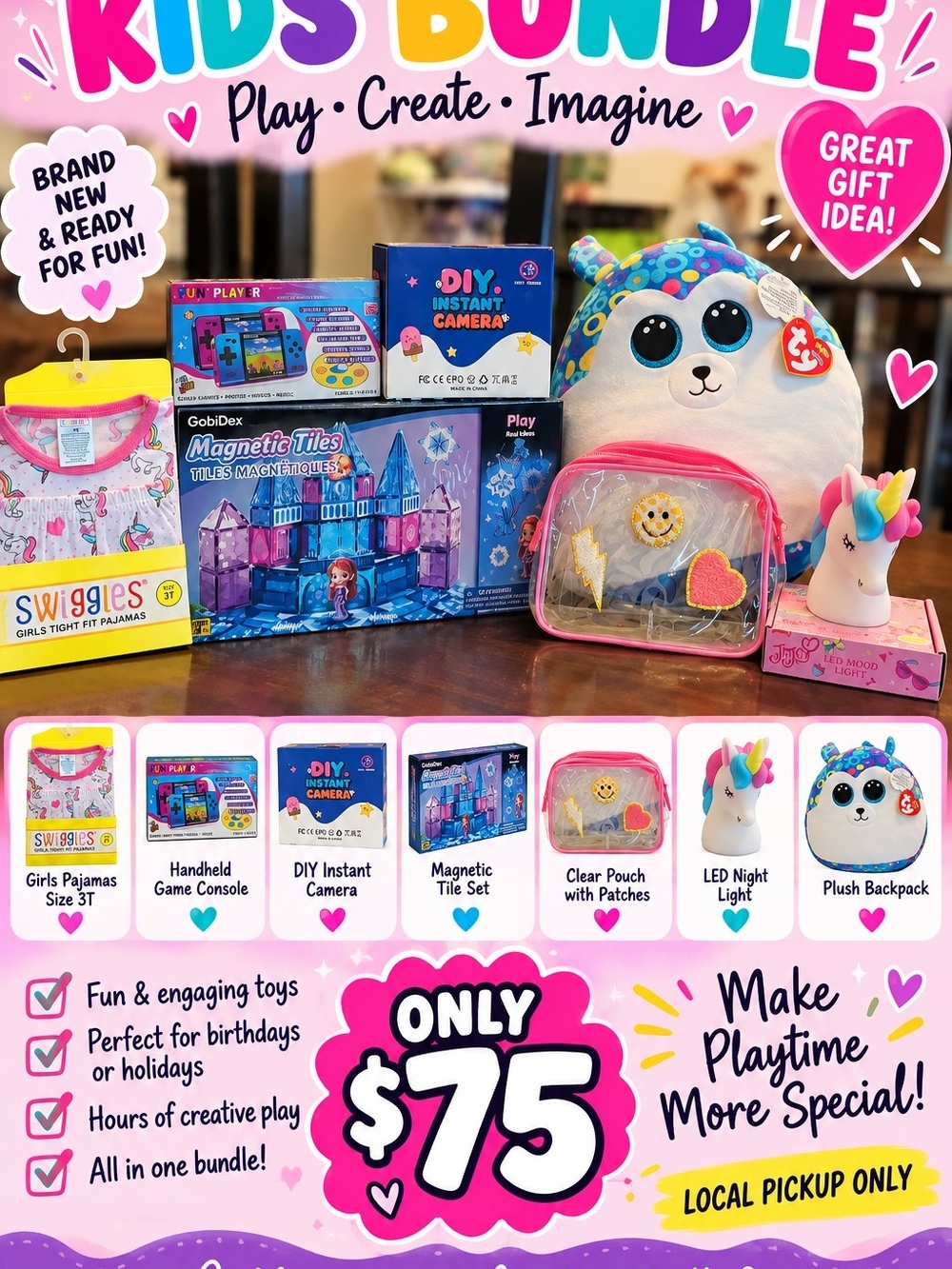 Kids Bundle Playset with Plush Unicorn Backpack - Blue & Pink